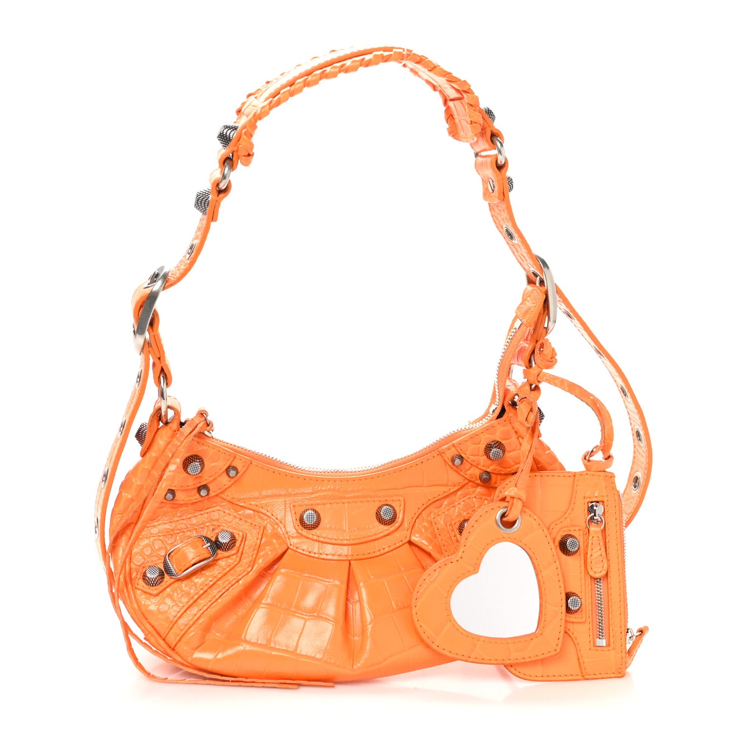 Extra Supple Calfskin Crocodile Embossed Le Cagole Shoulder Bag XS Pop Orange