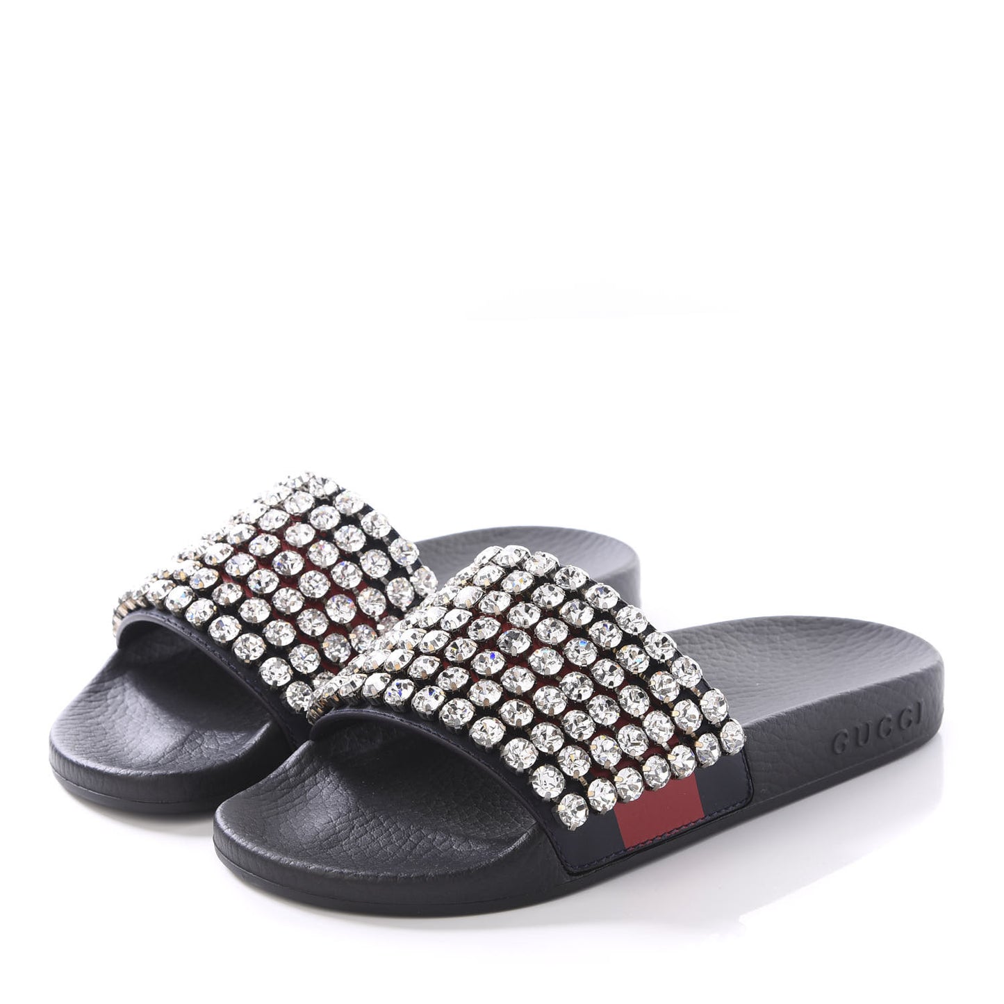 Calfskin Crystal Embellished Web Slide Sandals 34 Blue Red