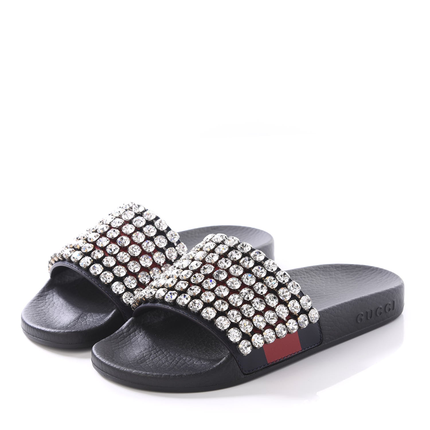 Gucci Calfskin Crystal Embellished Web Slide Sandals 34 Blue Red 3 of 9