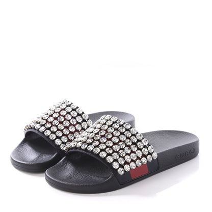 Gucci Calfskin Crystal Embellished Web Slide Sandals 34 Blue Red 3 of 9