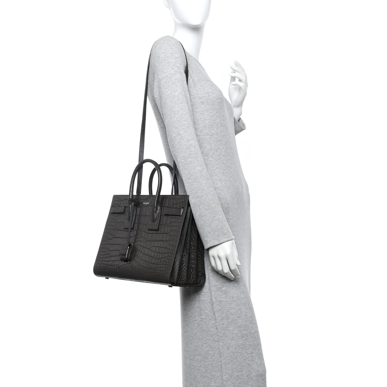 Saint Laurent Calfskin Crocodile Embossed Small Sac de Jour Dark Brown 2 of 9