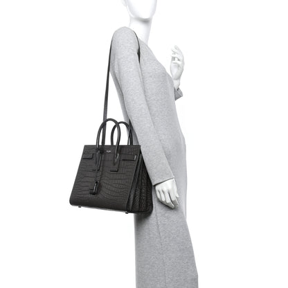 Saint Laurent Calfskin Crocodile Embossed Small Sac de Jour Dark Brown 2 of 9