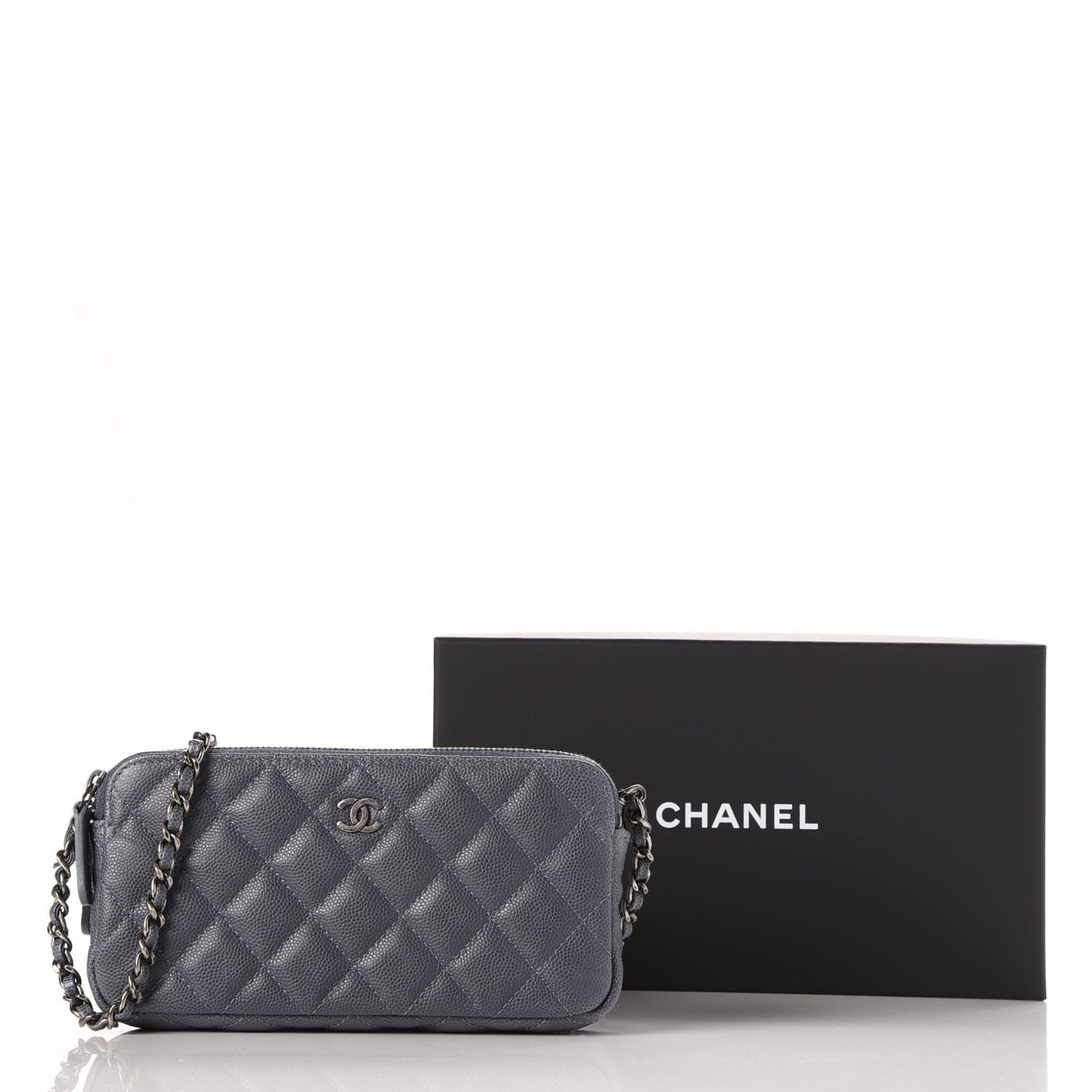 Caviar Quilted Small Clutch With Chain Grey