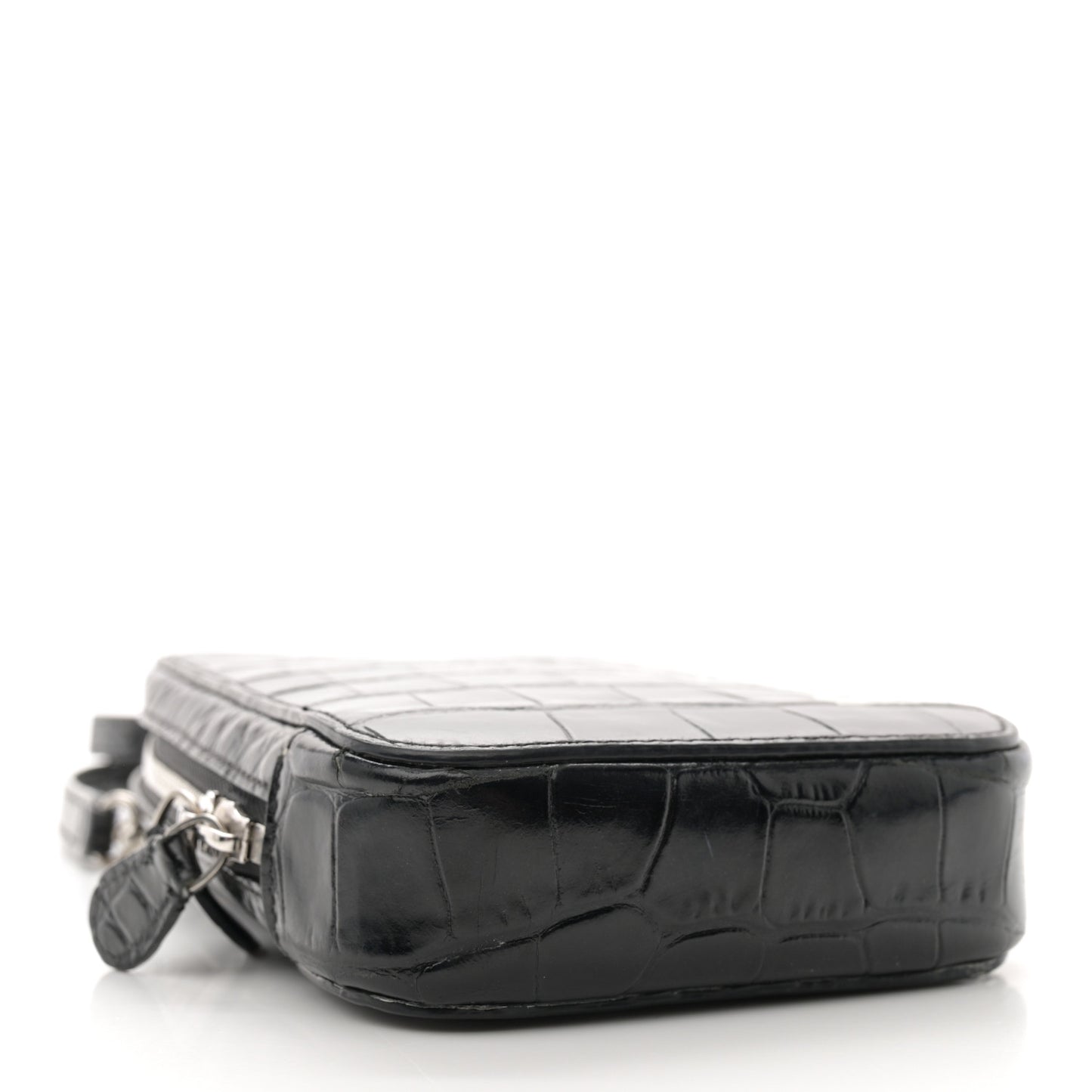 Shiny Calfskin Logo Crocodile Embossed Cash Phone Holder Bag Black White