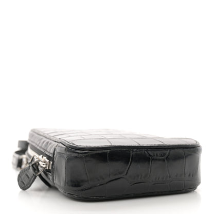 Balenciaga Shiny Calfskin Logo Crocodile Embossed Cash Phone Holder Bag Black White 4 of 14