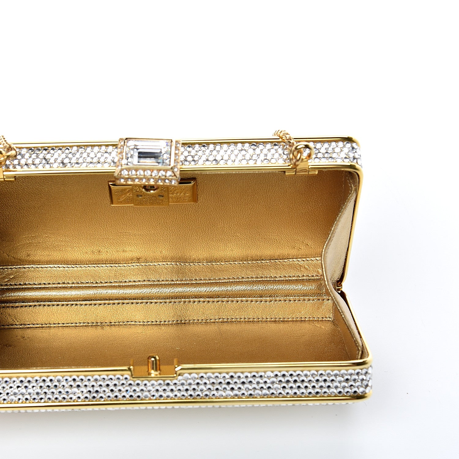 Judith Leiber Swarovski Crystal Striped Minaudiere Clutch Silver Gold 4 of 11
