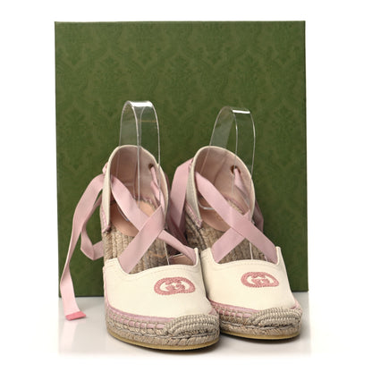Gucci Canvas Grossgrain Embroidered Judit Ankle Wrap Platform 35/120mm Espadrille Wedges 36.5 White Shell 8 of 8