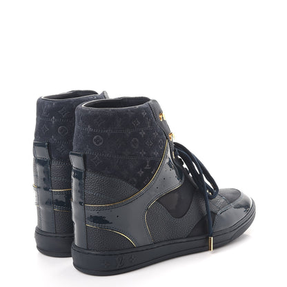 Louis Vuitton Calfskin Patent Suede Monogram Cliff Top Wedge Sneakers 39 Navy 4 of 8
