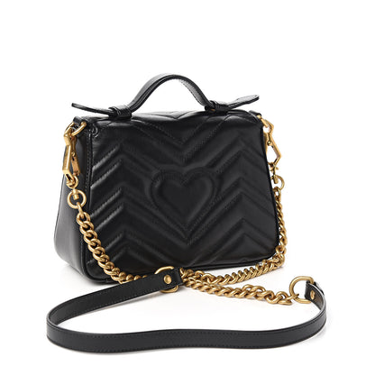 Gucci Calfskin Matelasse Mini GG Marmont Top Handle Shoulder Bag Black 2 of 9
