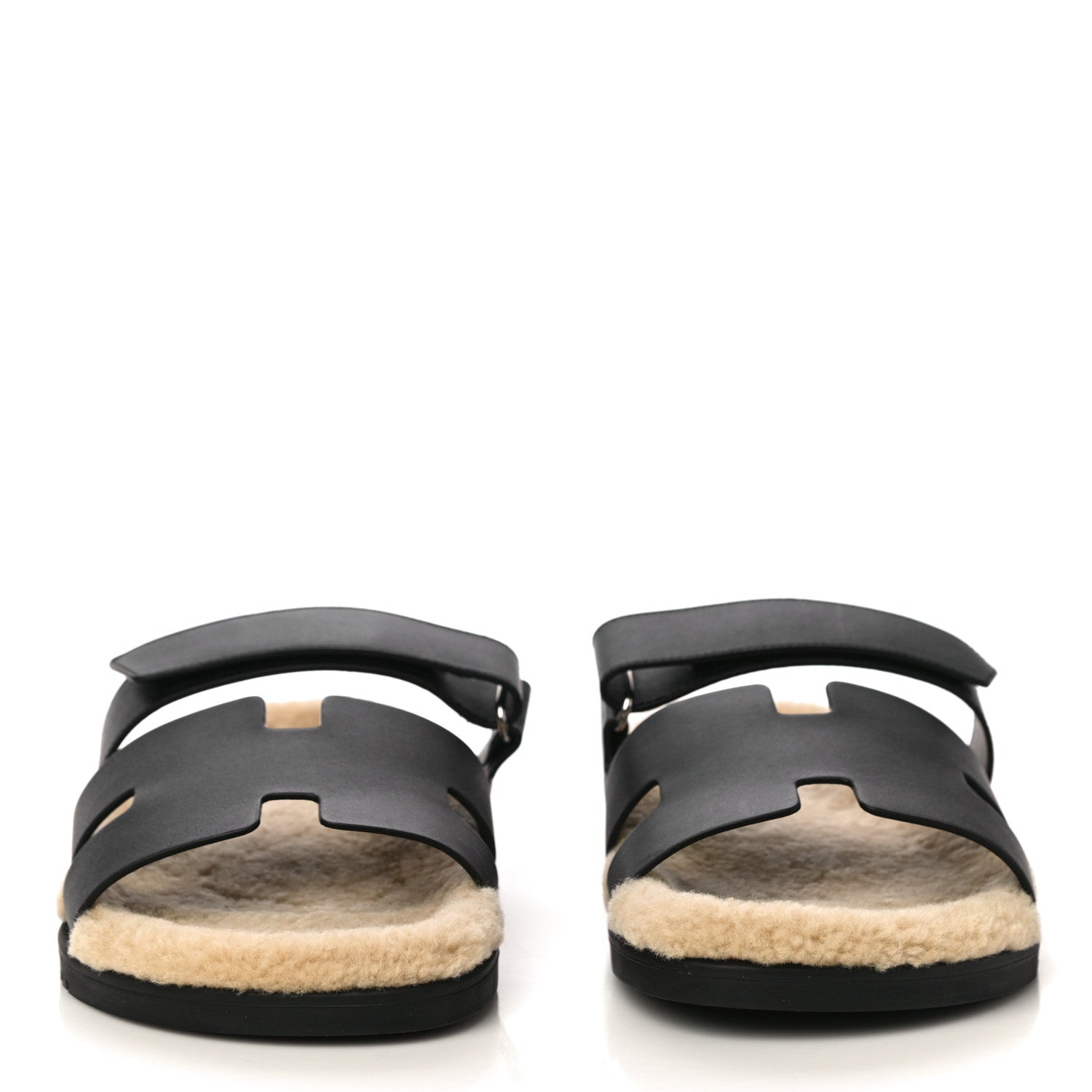 Hermes Veau Indios Woolskin Mens Chypre Sandals 44 Black Ecru 2 of 10