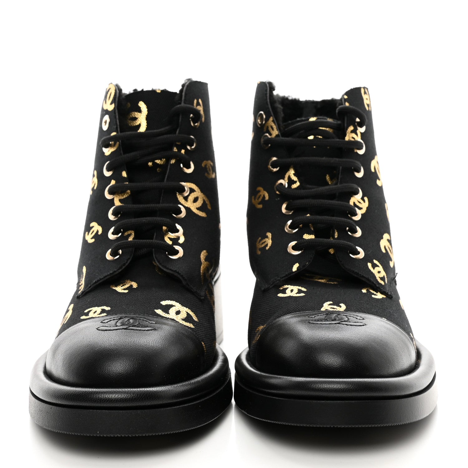 Chanel Lambskin Shearling Canvas CC Lace Up Boots 40 Black Gold 2 of 10