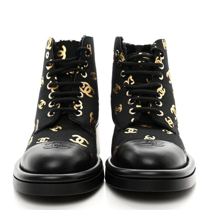 Chanel Lambskin Shearling Canvas CC Lace Up Boots 40 Black Gold 2 of 10