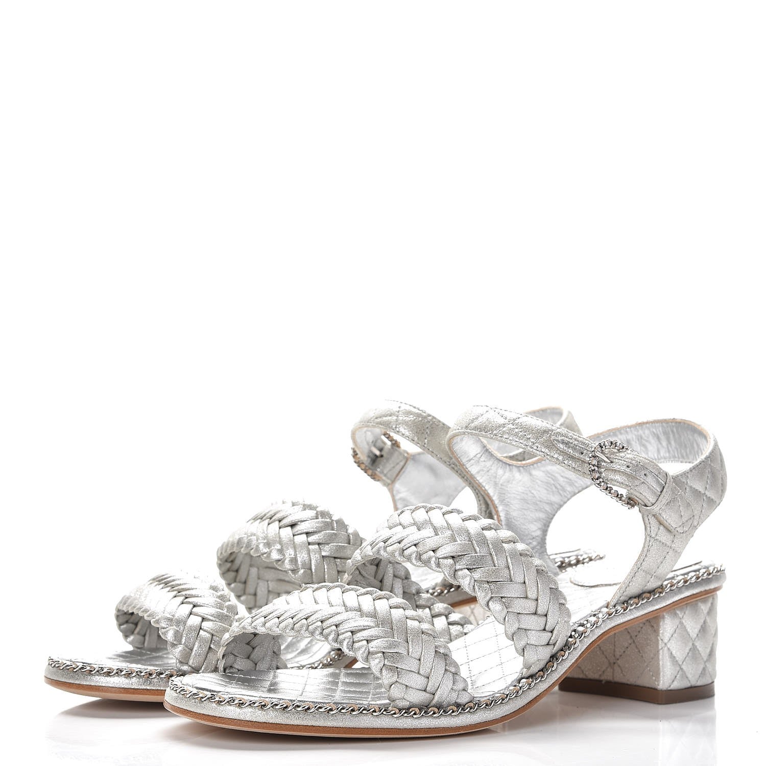 Chanel Metallic Goatskin Quilted Chain Sandals 39 Silver 3 of 8