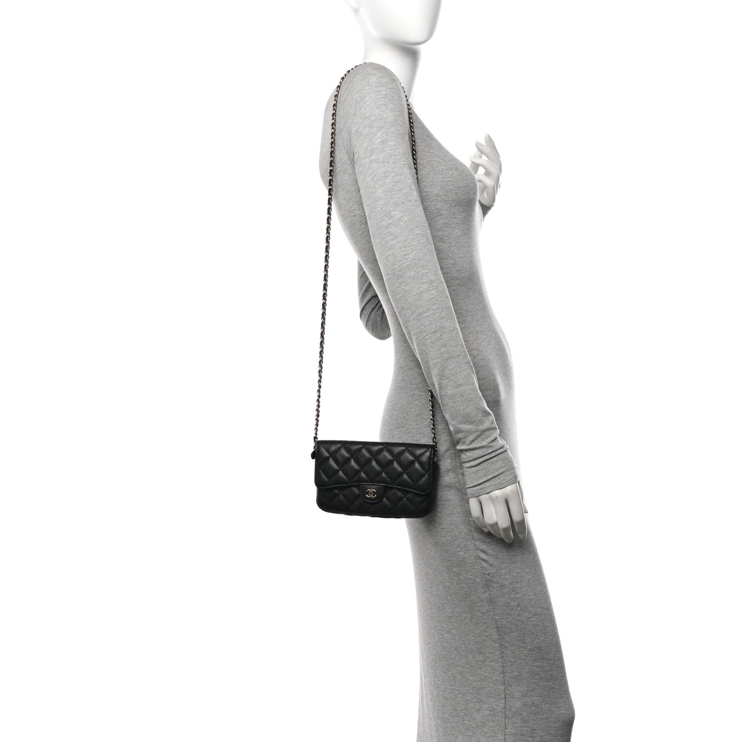 Caviar Quilted Flap Phone Holder With Chain Black