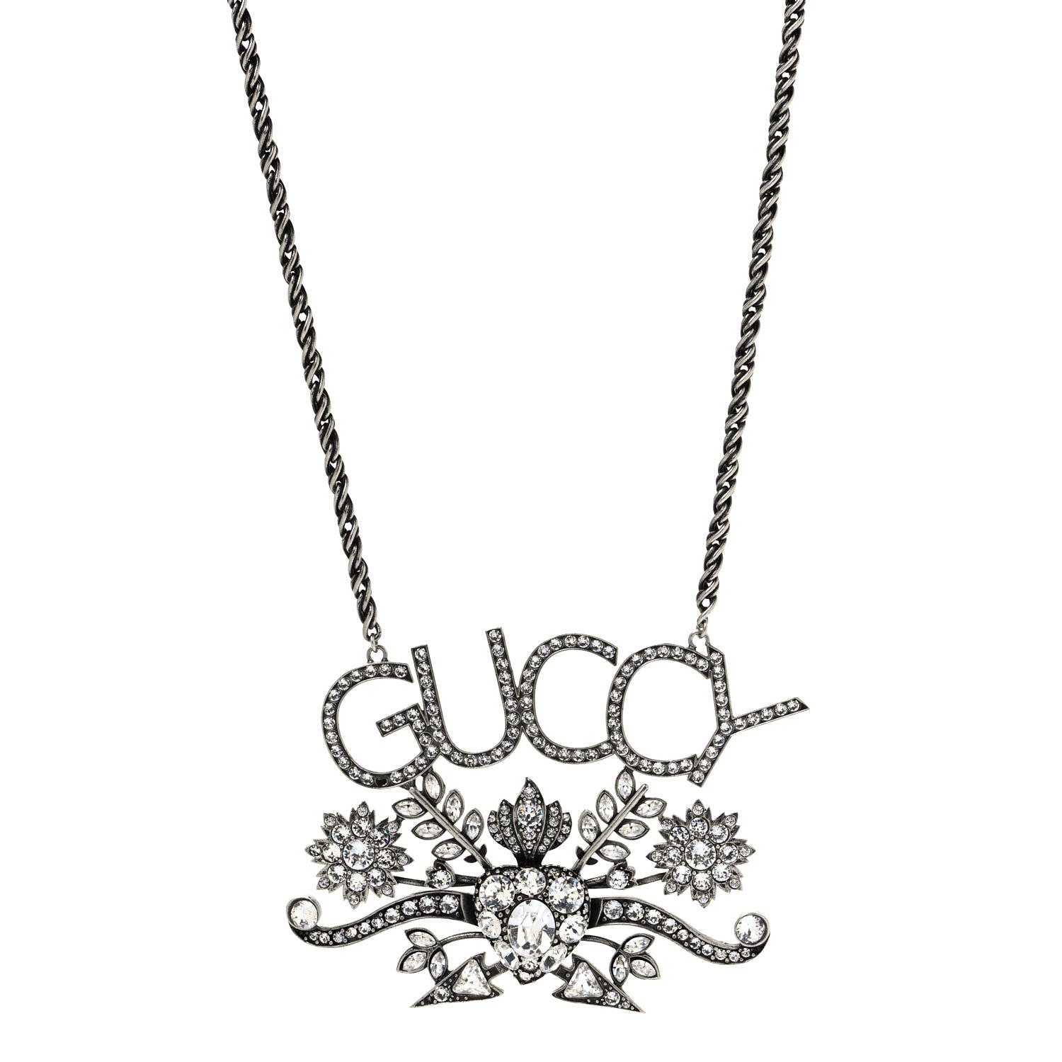 Gucci Metal Crystal Guccy Necklace Aged Silver 1 of 4