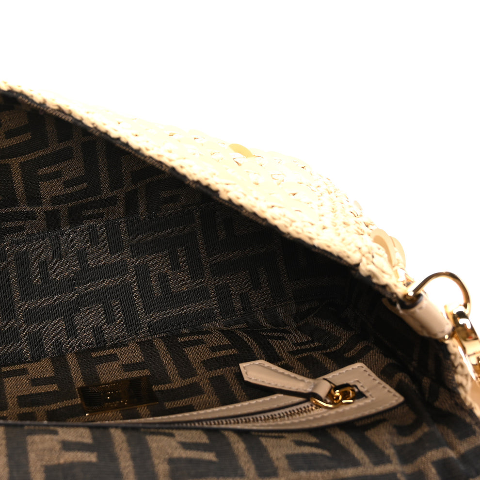 Fendi Sequin Macrame Baguette Beige Gold 1999651 – FASHIONPHILE