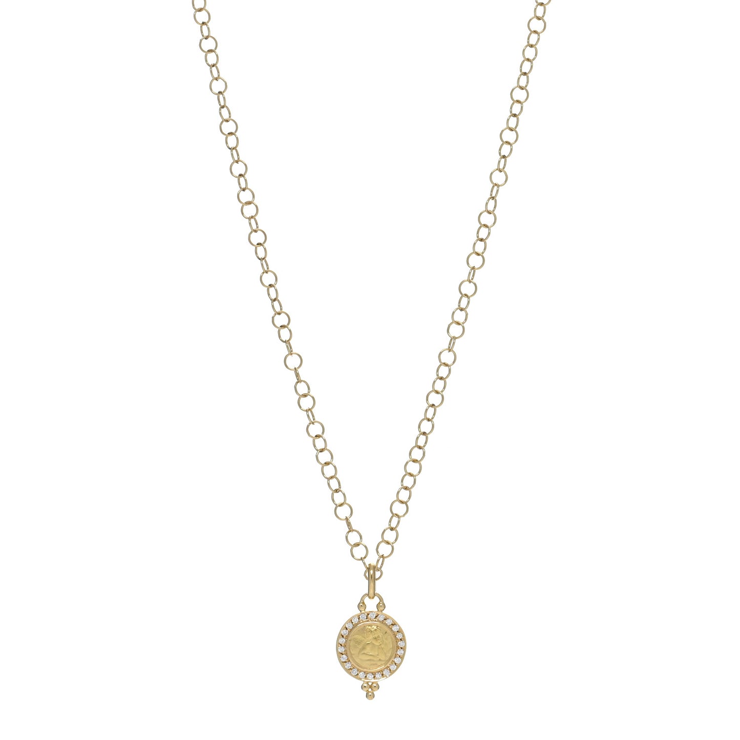 18K Yellow Gold Diamond 10mm Pave Angel Pendant Link Chain Necklace