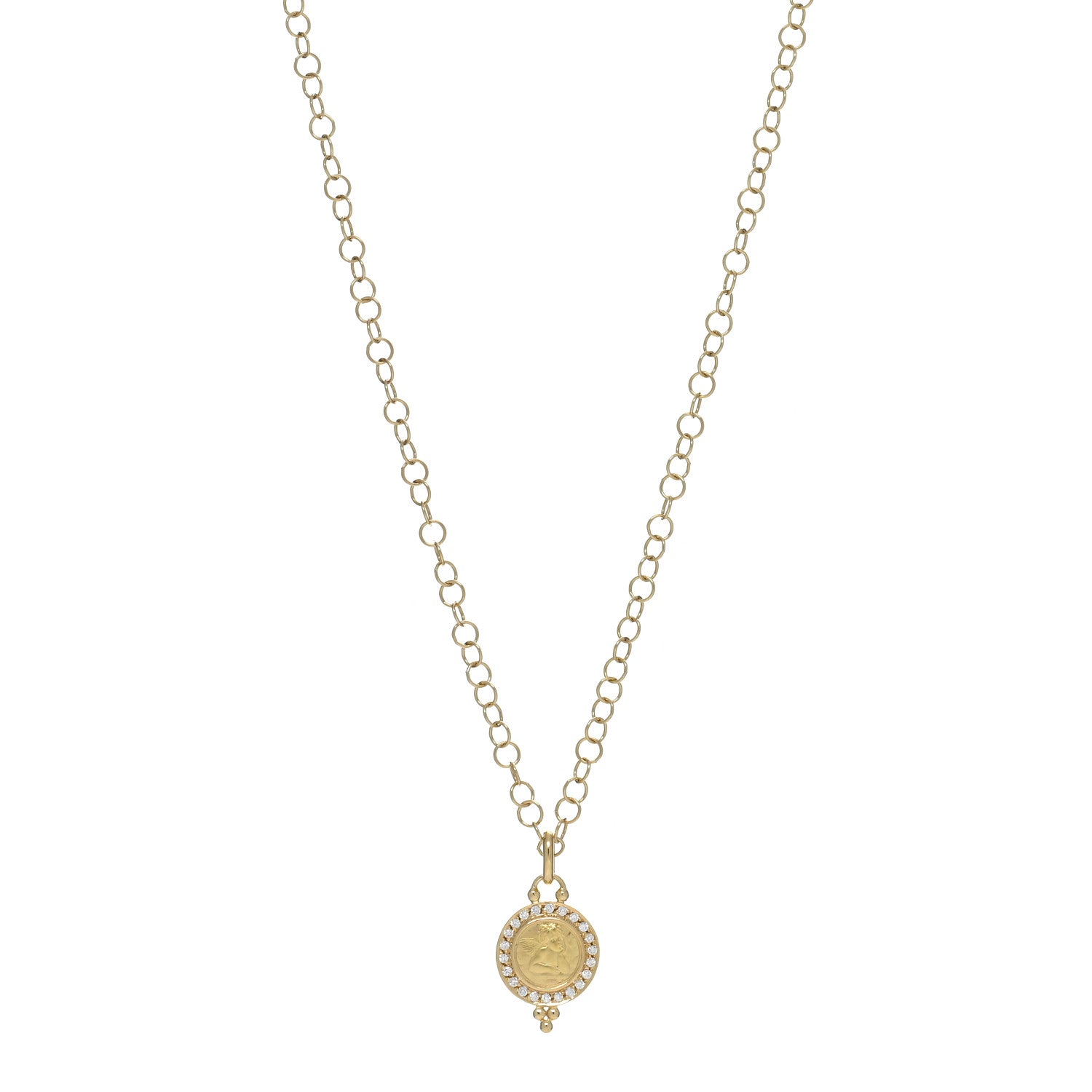 Temple St. Clair 18K Yellow Gold Diamond 10mm Pave Angel Pendant Link Chain Necklace 1 of 5