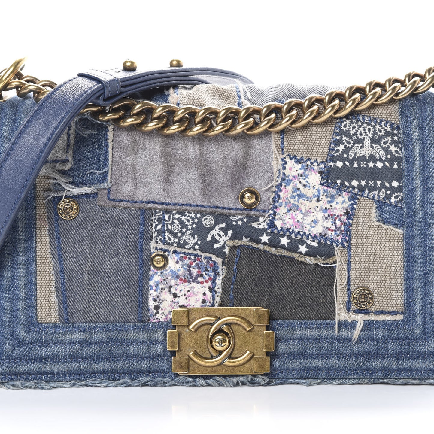 Denim Patchwork Medium Boy Flap Blue