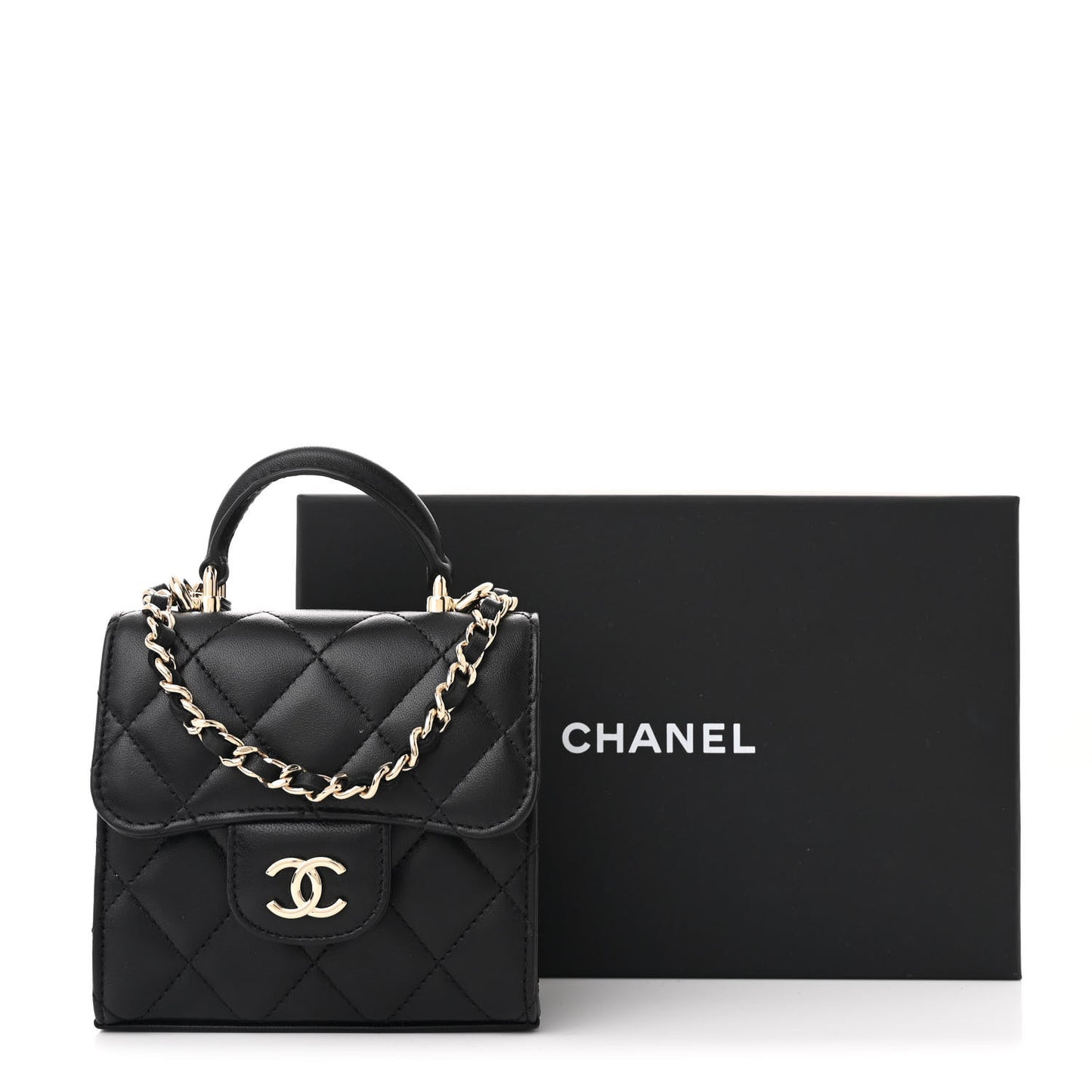 Lambskin Quilted Top Handle Flap Clutch With Chain Black