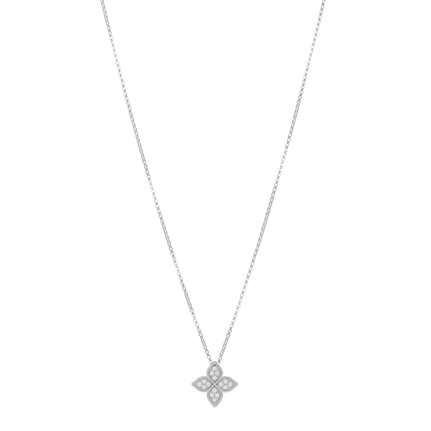 18K White Gold Diamond Medium Princess Flower Pendant Necklace
