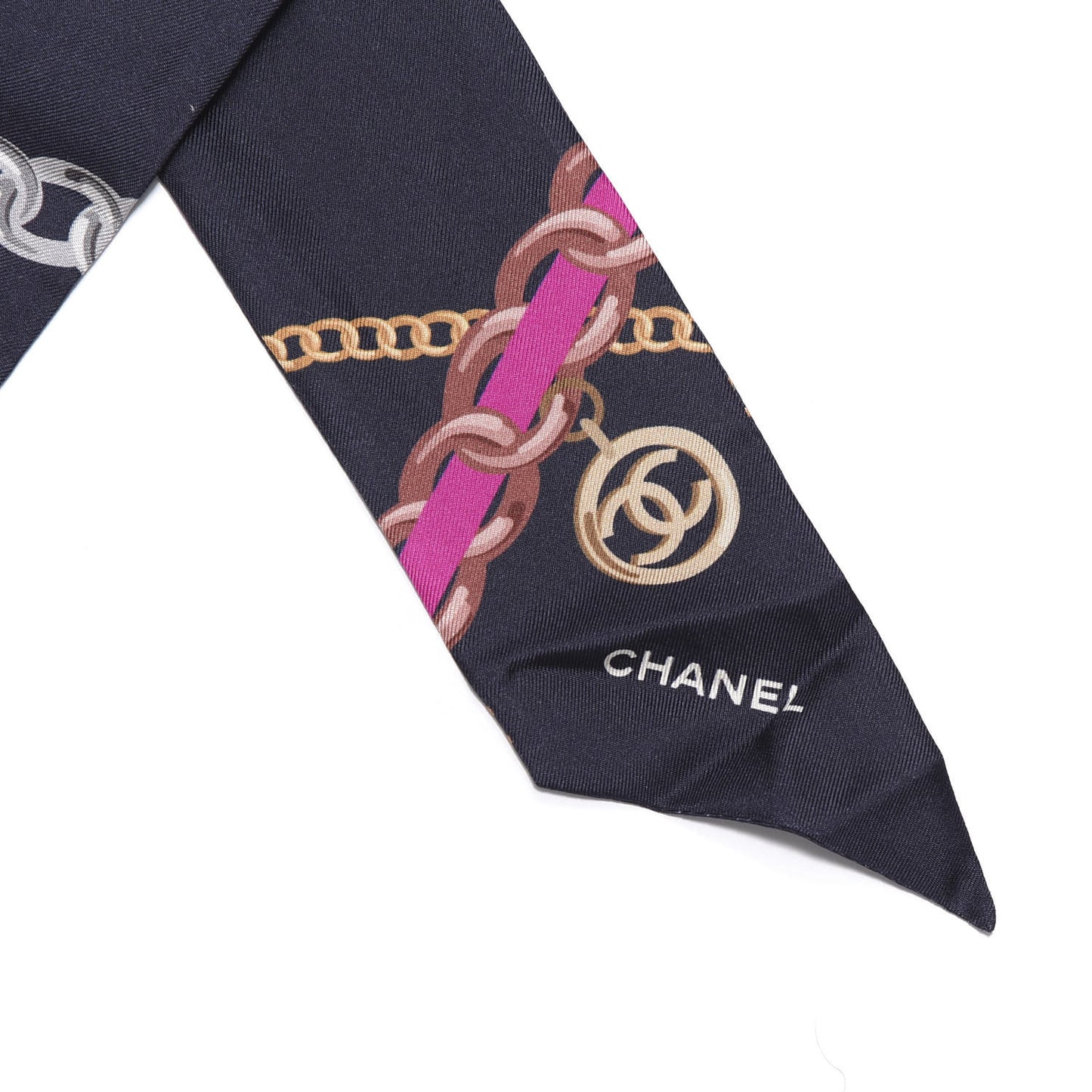 Silk Pearl CC Chain Slim Bandeau Scarf Navy Blue