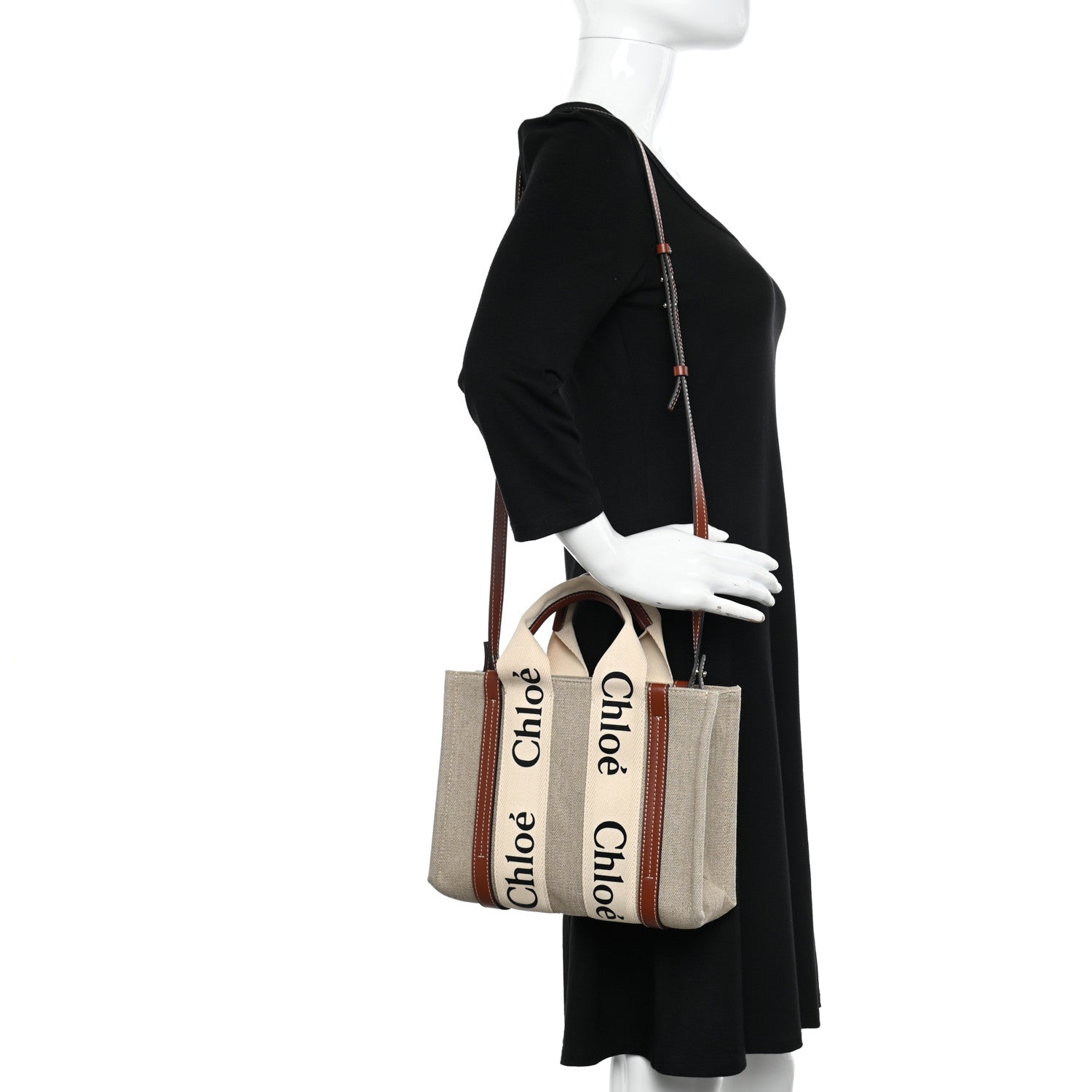 Chloe Linen Calfskin Small Woody Ribbon Tote With Strap White Brown 2 of 10
