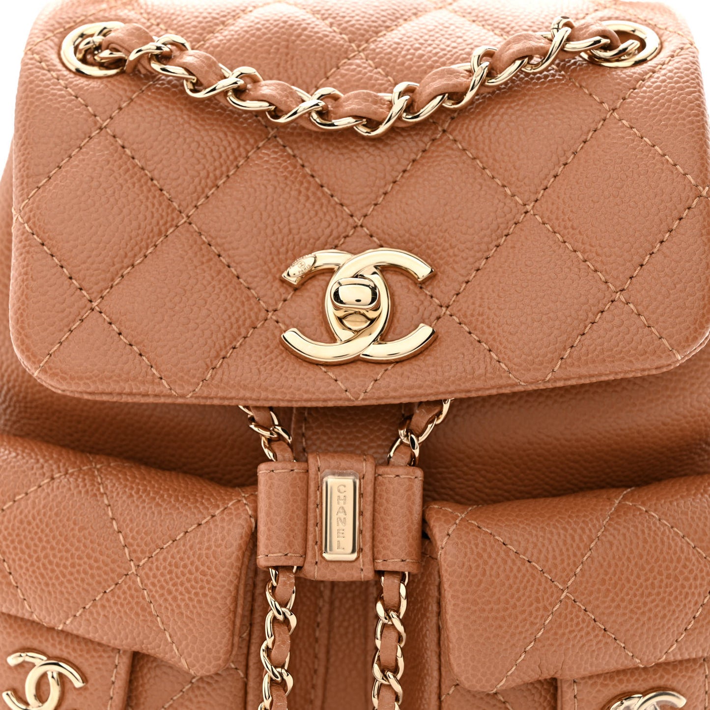 Shiny Caviar Quilted Small Duma Pockets Drawstring Backpack Dark Beige