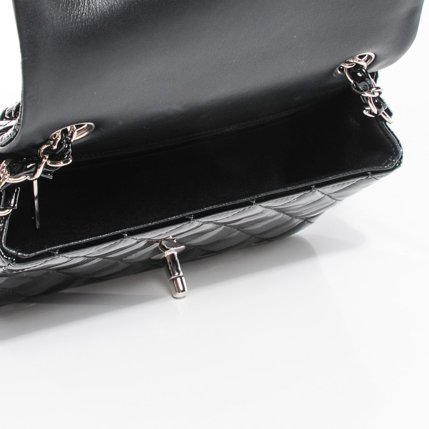 Patent Calfskin Quilted Mini Rectangular Flap Black