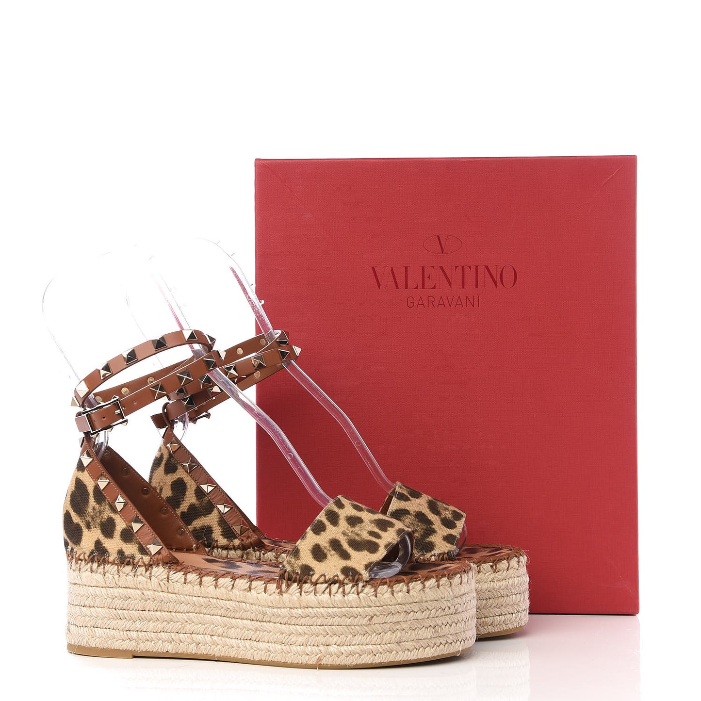 Canvas Leopard Print Rockstud Ankle Wrap Espadrille Flatform Sandals 36 Brown