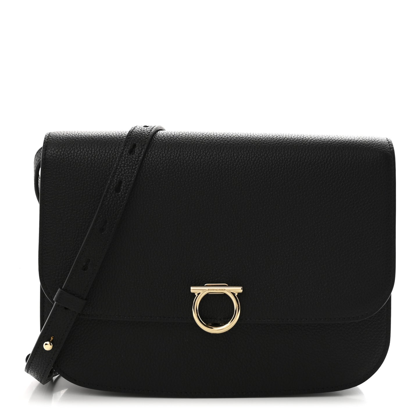 Hammered Calfskin Round Gancini Crossbody Bag Black