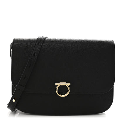 Salvatore Ferragamo Hammered Calfskin Round Gancini Crossbody Bag Black 1 of 9