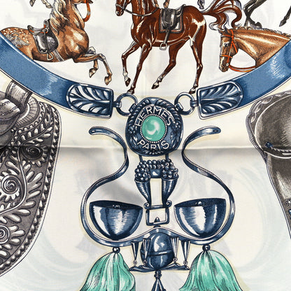 Hermes Silk Cavalcades Scarf 90 White Bleu Jean Vert 2 of 3