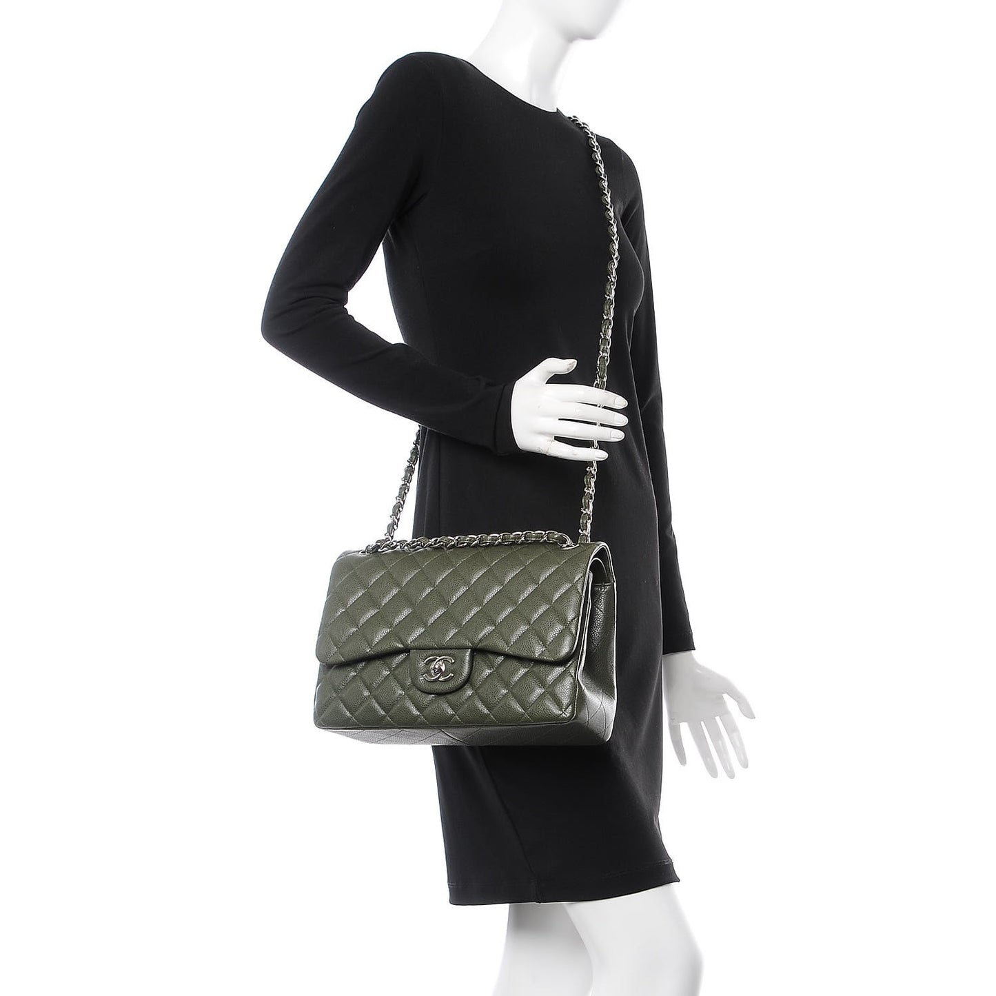 Caviar Quilted Jumbo Double Flap Dark Green