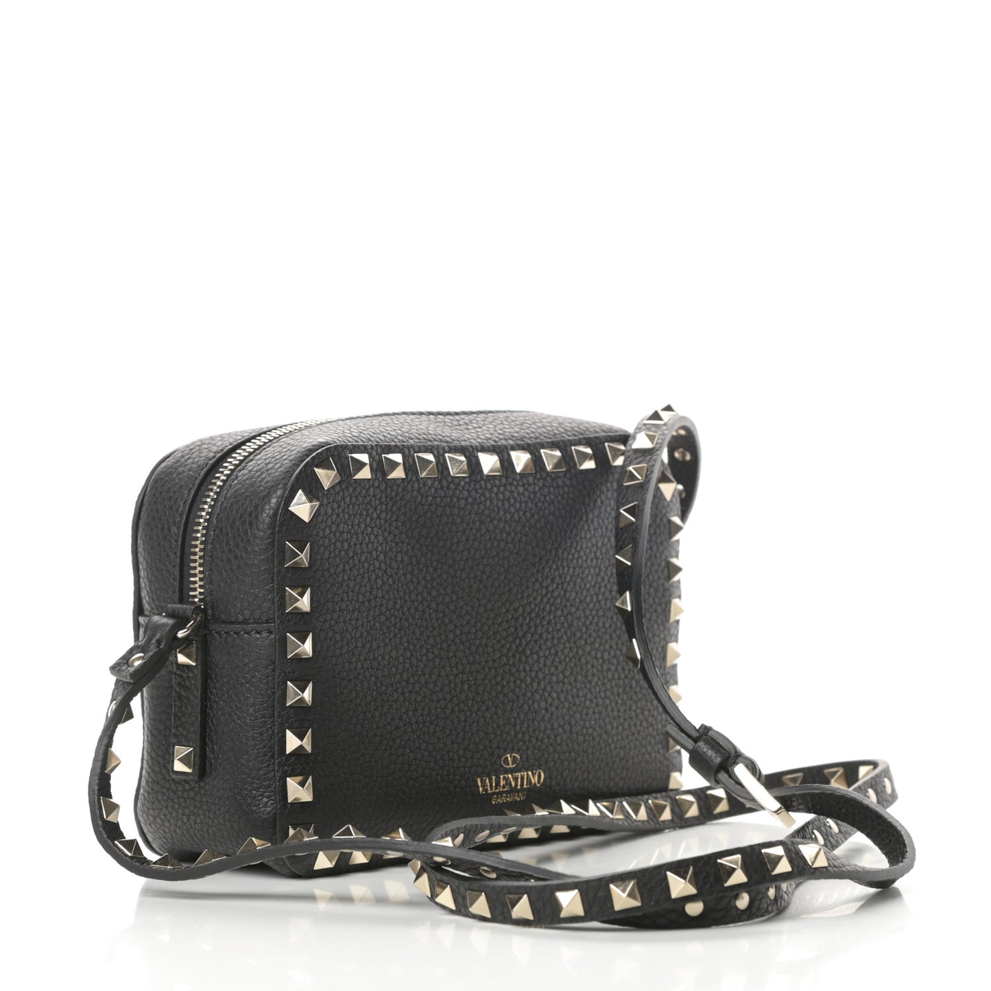 Pebbled Calfskin Rockstud Camera Crossbody Bag Black