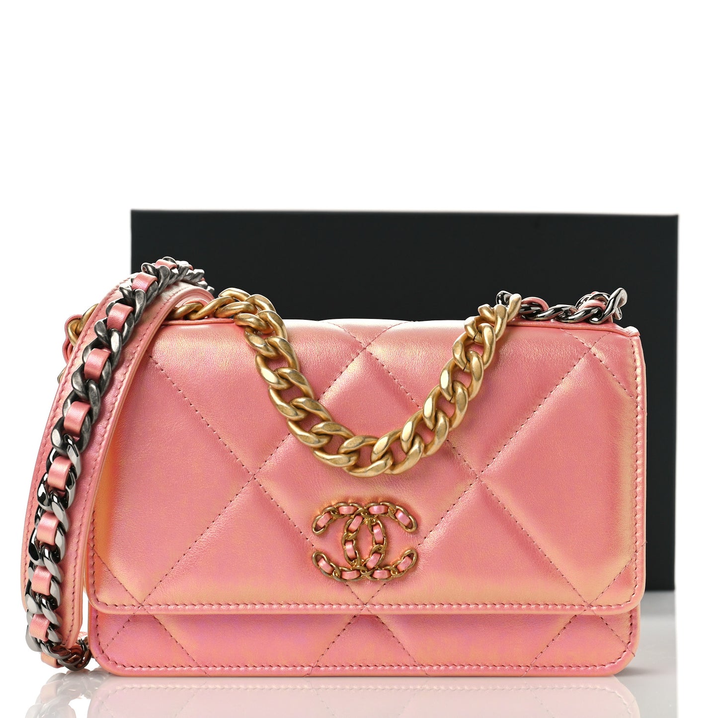 Iridescent Calfskin Quilted Chanel 19 Wallet On Chain WOC Pink