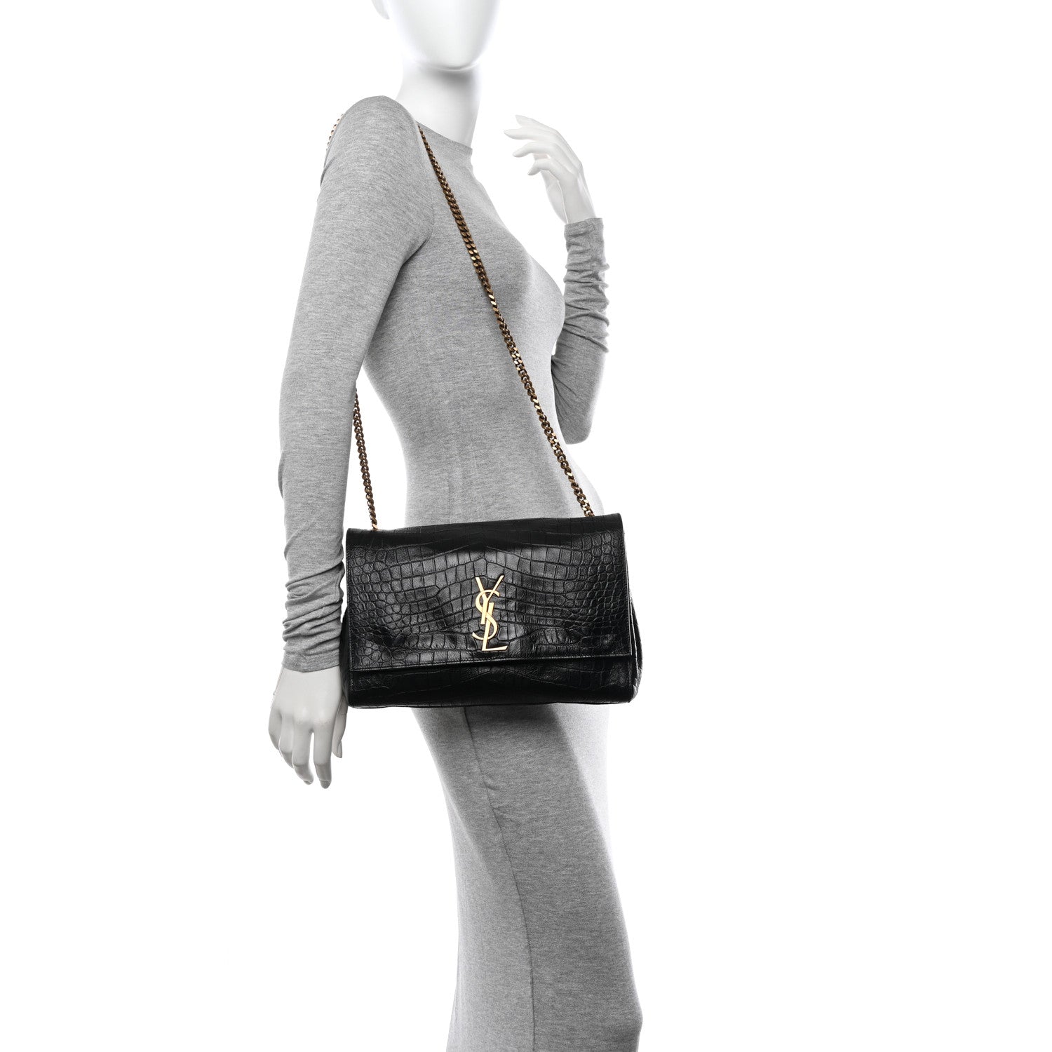 Saint Laurent Calfskin Crocodile Embossed Calfskin Medium Reversible Monogram Kate Satchel Black 2 of 11