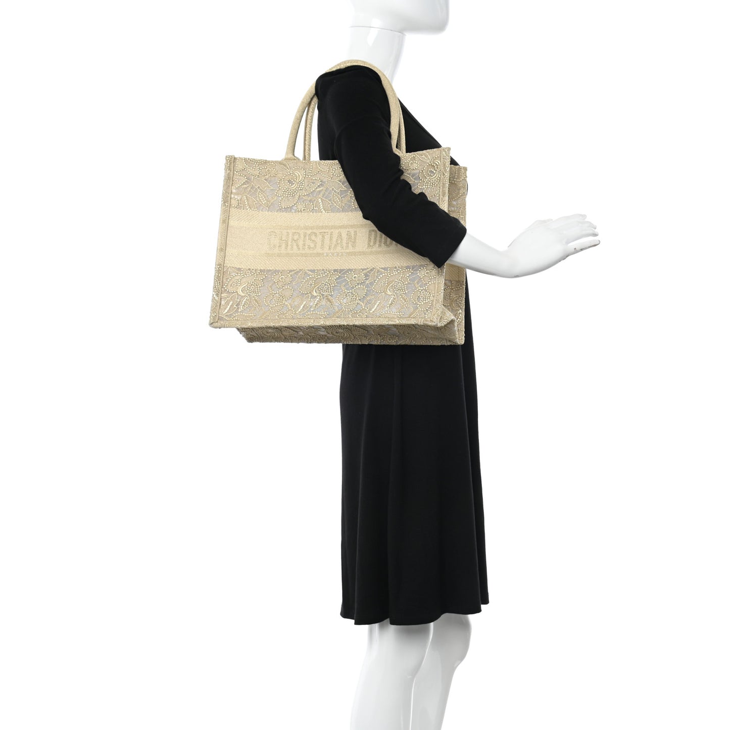 Transparent Metallic Embroidered Mesh Macrame Medium Book Tote Gold