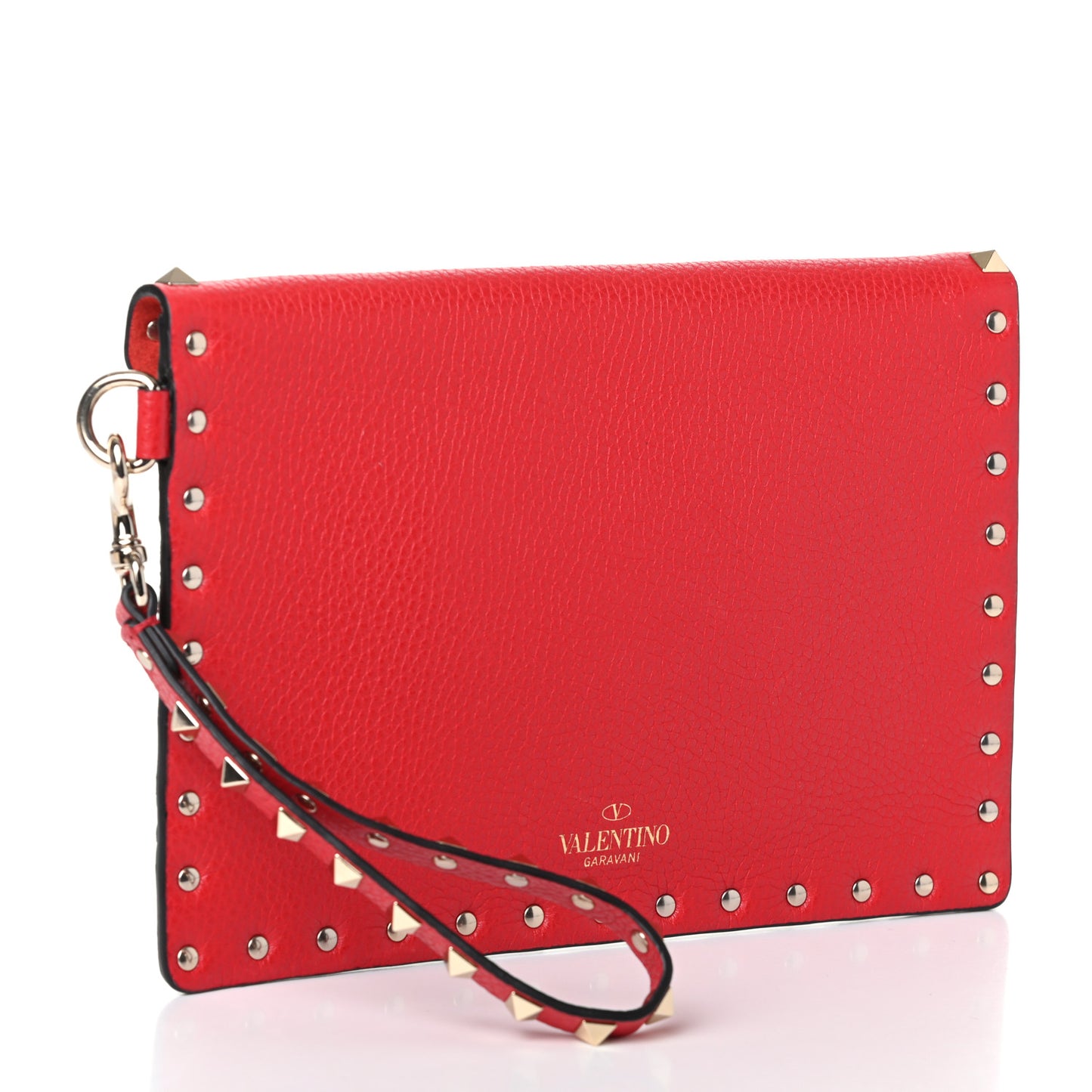 Pebbled Calfskin Medium Rockstud Envelope Flat Wristlet Pouch Rouge Pur