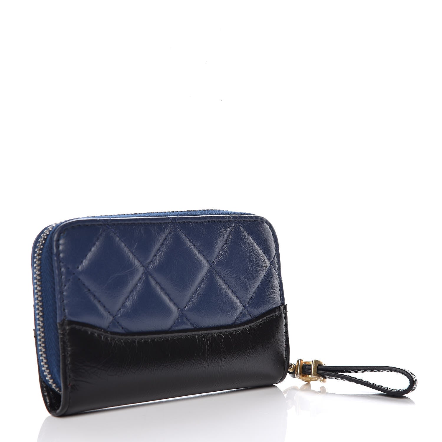 Chanel Aged Calfskin Quilted Gabrielle Zip Around Coin Purse Wallet Blue Black 3 of 8