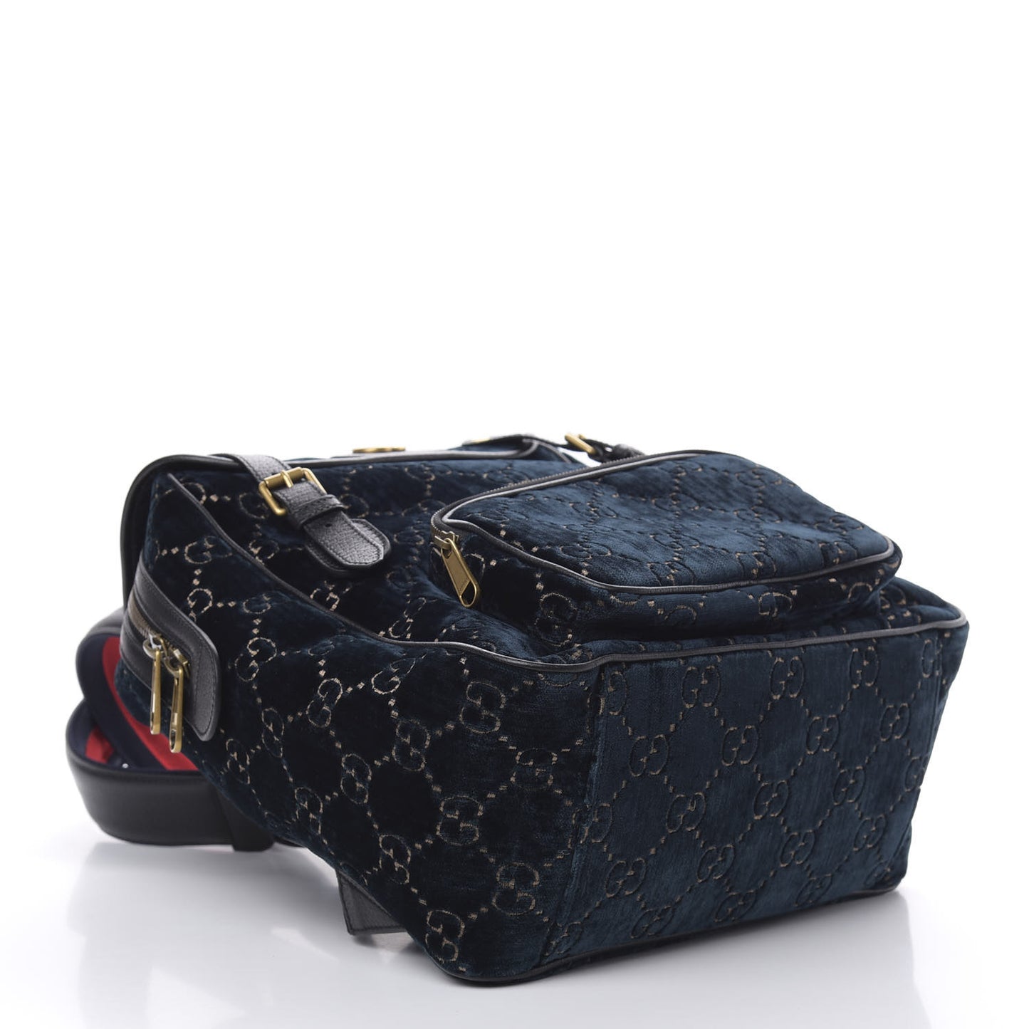 Velvet GG Monogram Textured Calfskin Web Small Double Buckle Backpack Blue Beige Black