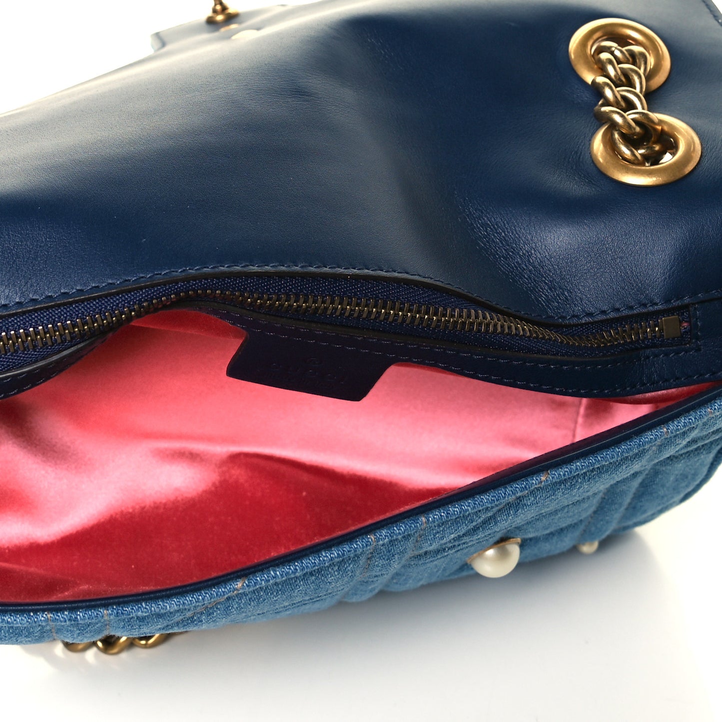 Denim Matelasse Pearl Studded Small GG Marmont Shoulder Bag Blue
