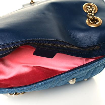 Gucci Denim Matelasse Pearl Studded Small GG Marmont Shoulder Bag Blue 7 of 7