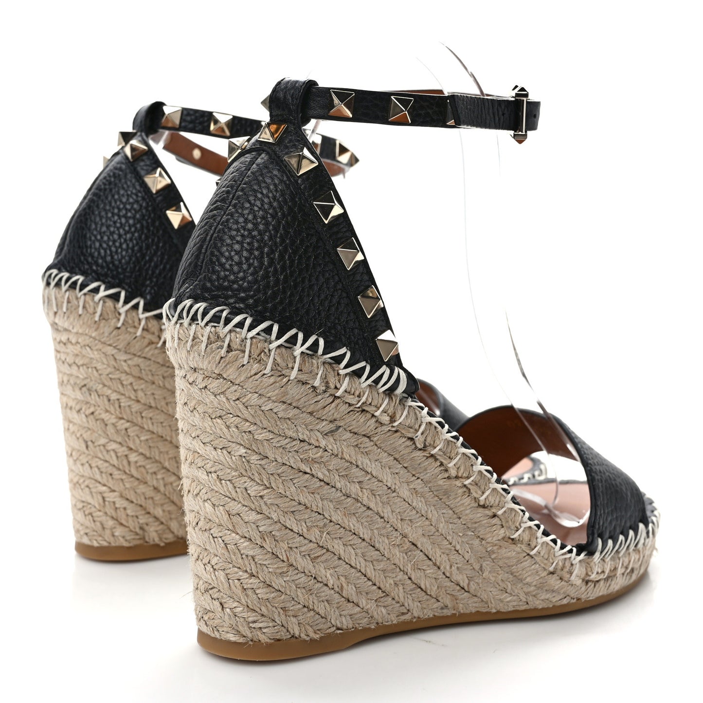 Grained Calfskin Rockstud Ankle Strap Espadrille 15/105mm Wedge Sandals 38 Poudre Black