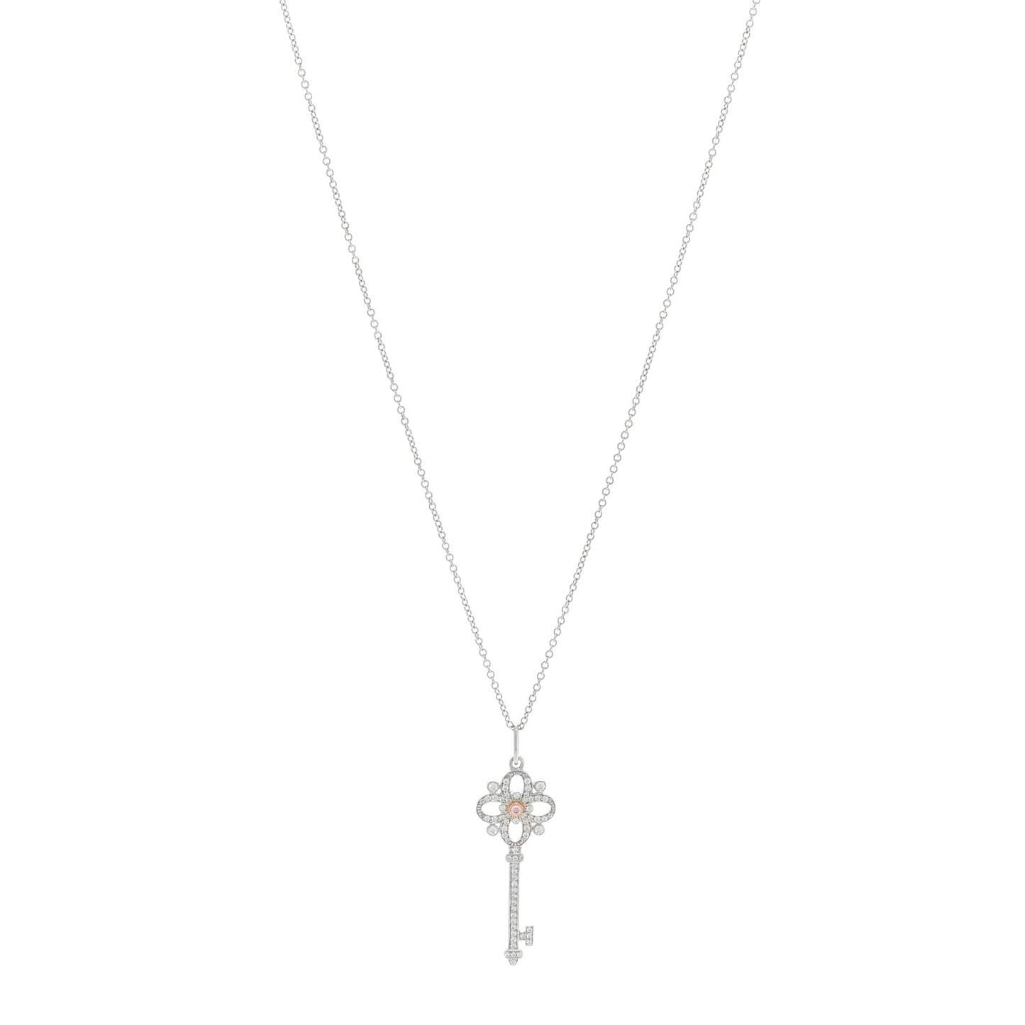 Platinum 18K Rose Gold Pink Diamond Floret Key Pendant Necklace