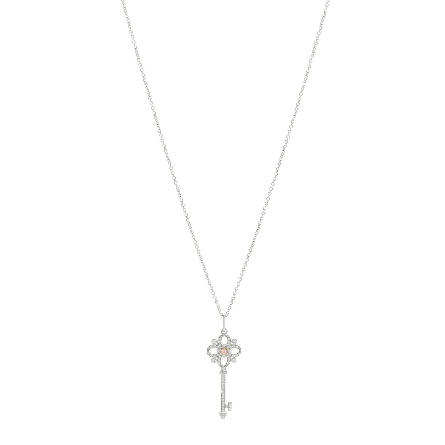 Tiffany Platinum 18K Rose Gold Pink Diamond Floret Key Pendant Necklace 1 of 4