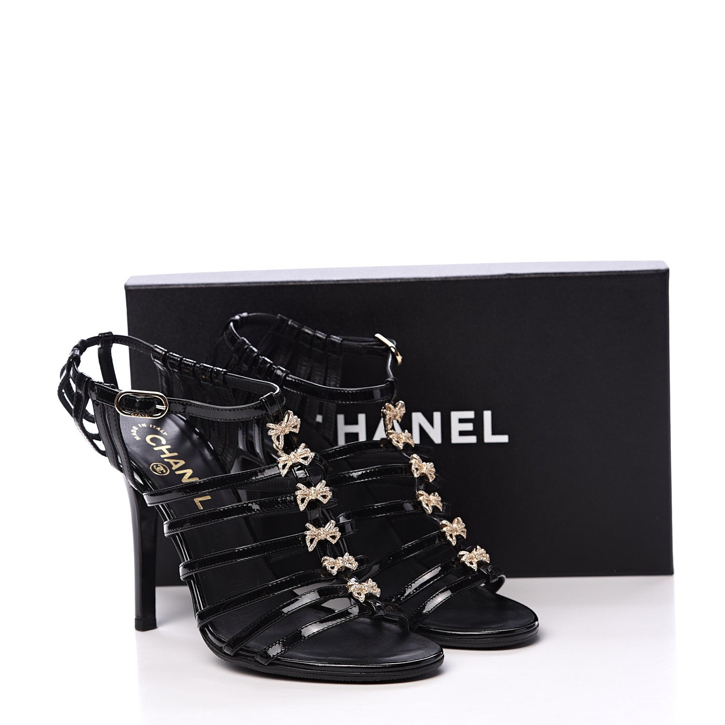 Patent Calfskin Crystal Bow Strappy Sandals 37.5 Black