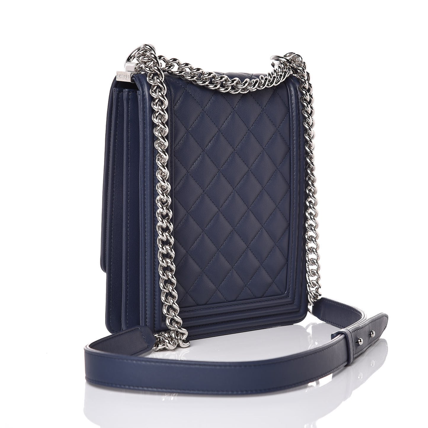Calfskin Quilted North South Boy Flap Navy