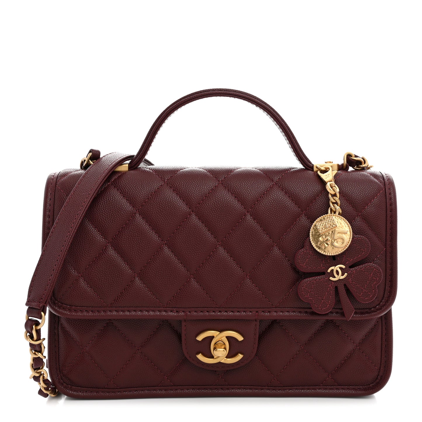 Caviar Quilted School Memory Top Handle Flap Burgundy