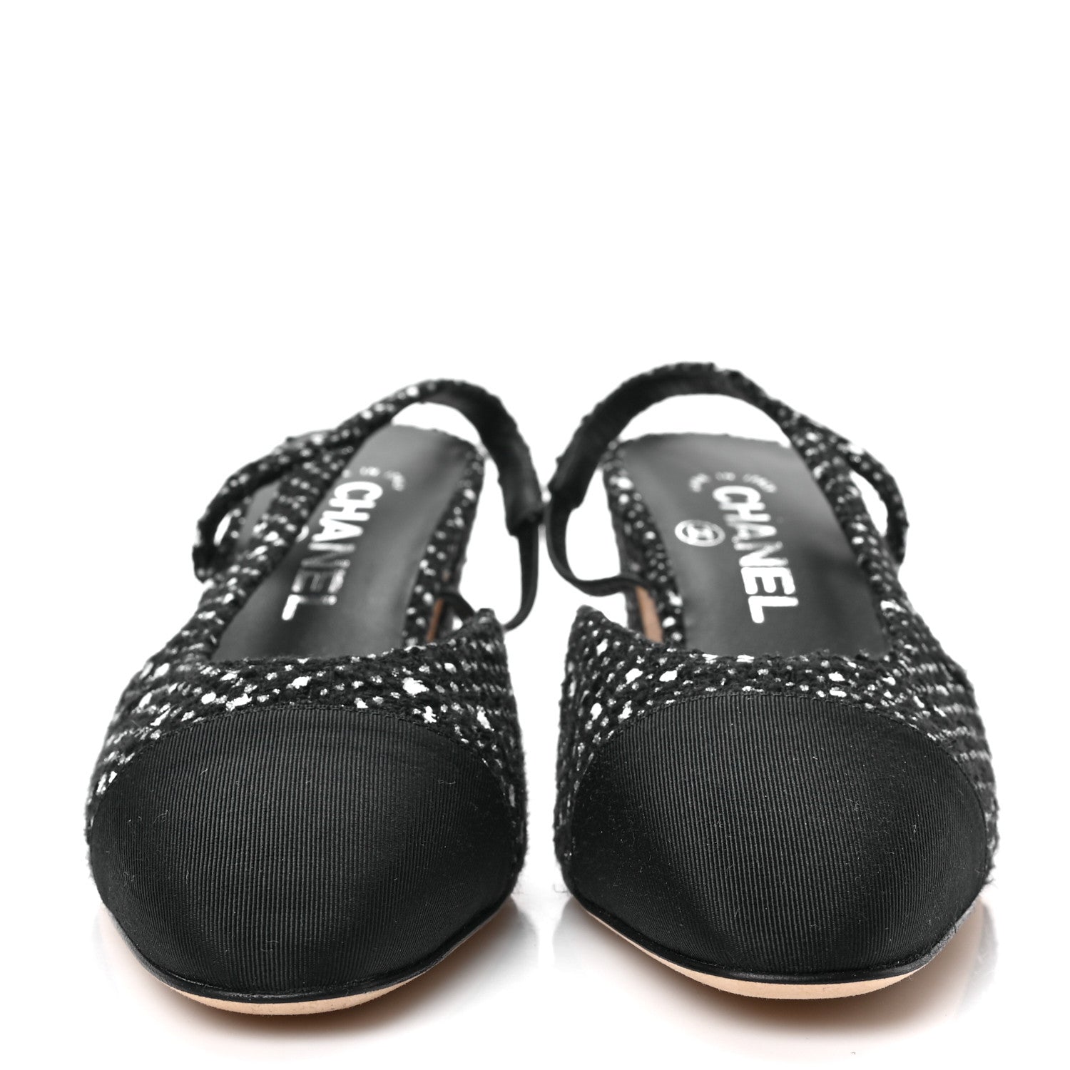 Chanel Tweed Grosgrain Cap Toe CC Slingback Pumps 36 Black White 2 of 7